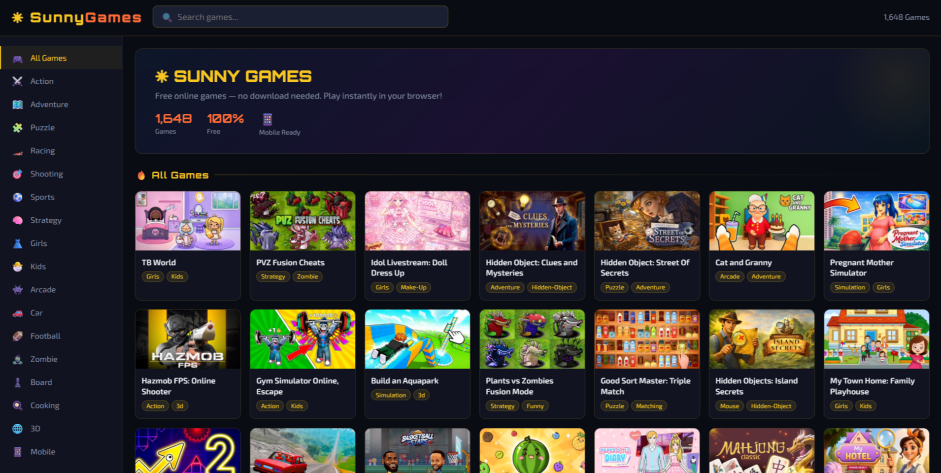 Sunny Games website screenshot